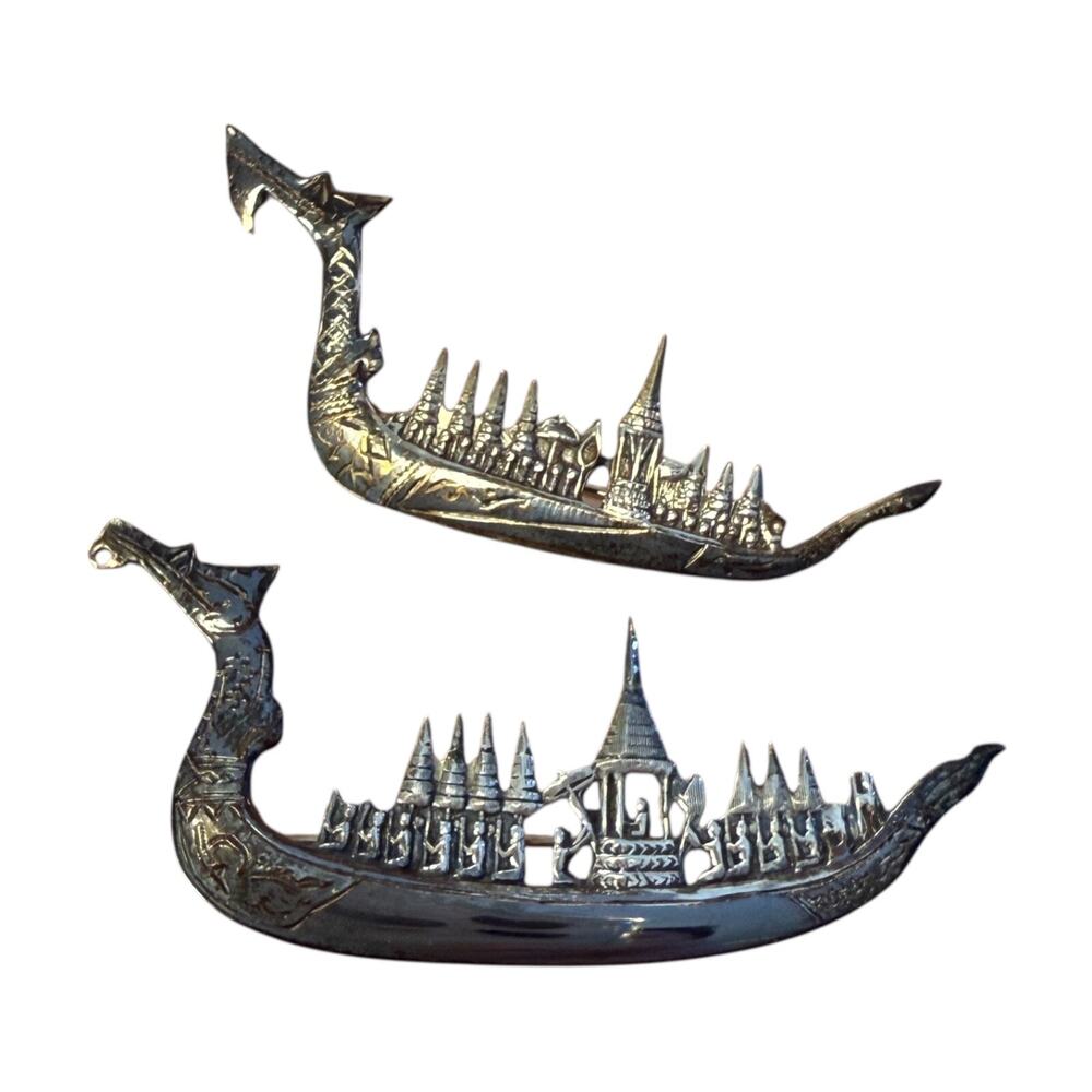2x SIAM 925 Sterling Silver Vintage Niello Dragon Boat ship Tie Clip 6.71g